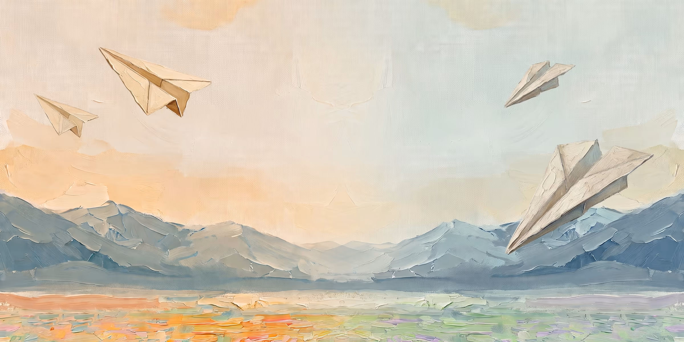 An oil painting of one landscape under two skies, warm dawn on the left and cool morning on the right, with paper planes on each side flying away from each other.